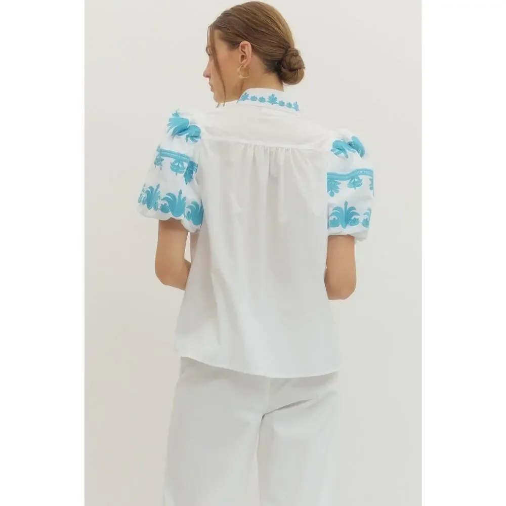 Entro NWT Off White Blue Embroidered Bubble Sleeve Blouse M